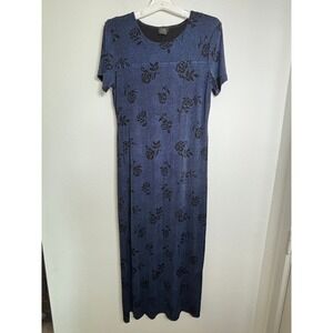 Teddi Dresses Vintage‎ Blue Black Velvet Floral Rose Maxi Dress Short Sleeve 10
